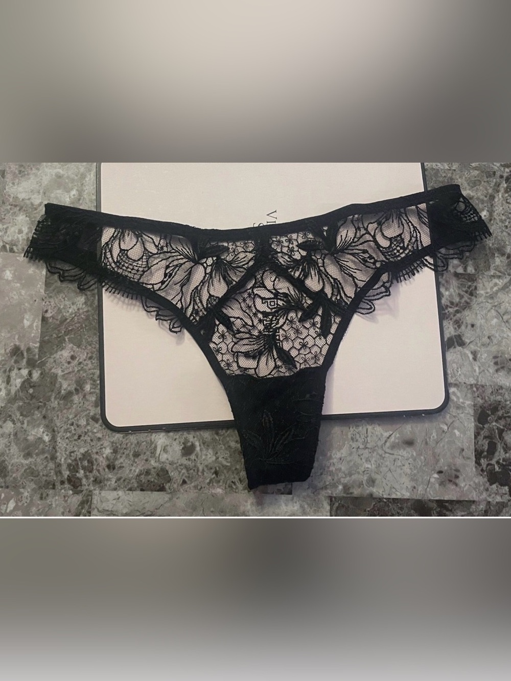 New VICTORIA'S SECRET BLACK EMBROIDERED FLORAL LACE MESH THONG PANTIES S